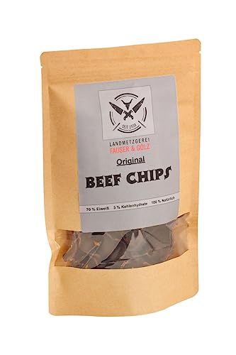 Original BEEF CHIPS Trockenfleisch-Chips | 70% Eiweiß | Sport Snack | eigene Herstellung | ohne Zusätze | Beef Jerkey | Topping für Salat und Suppe von Landmetzgerei Fauser Goelz