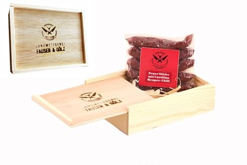 Original FEUER SALAMI STICKS in edler Geschenkbox aus Holz | 120 Gramm | eigene Herstellung | Männergeschenk | Pfefferbeißer | Rauchpeitschen von Landmetzgerei Fauser Goelz