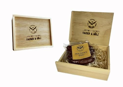 Original JACKY SALAMI STICKS in edler Geschenkbox aus Holz | 120 Gramm | eigene Herstellung | Männergeschenk | Pfefferbeißer | Rauchpeitschen von Landmetzgerei Fauser Goelz