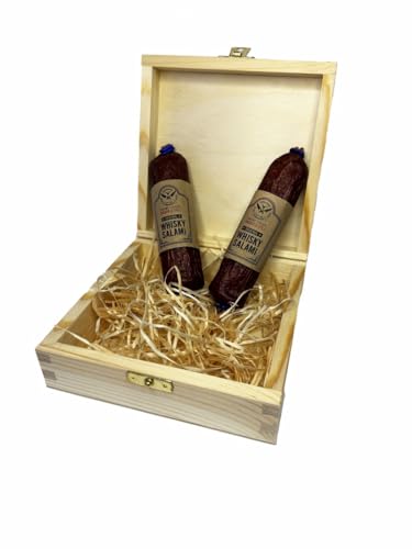 Original WHISKY SALAMI in Holz-Geschenkbox | 2x 130 Gramm | eigene Herstellung | Männergeschenk | mit schottischem Single Malt Whisky von Landmetzgerei Fauser Goelz