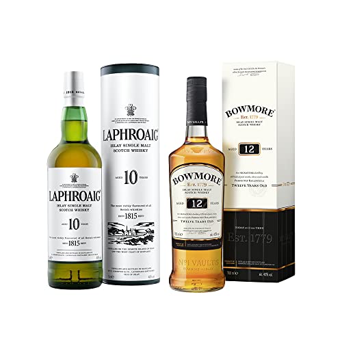 Laphroaig 10 Jahre | Islay Single Malt Scotch Whisky | 40 Prozent Vol | 700ml + Bowmore 12 Jahre | Single Malt Scotch Whisky | 40 Prozent Vol | 700ml | Bundle von Laphroaig