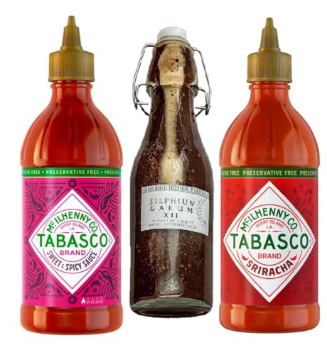 Tabasco Sriracha 300 ml und TABASCO Sweet & Spicy 256 ml und Silphium Garum X mit mexikanischem Chili 280 ml von Laprove