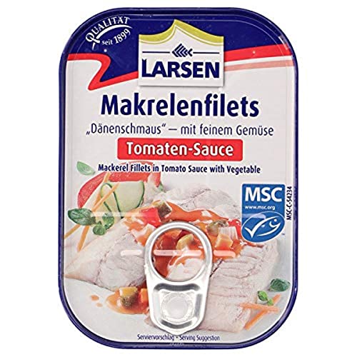 Larsen Makrelenfilets in Tomaten-Sauce Msc, 110 g Larsen Makrelenfilets in Tomaten-Sauce Msc, 110 g von Larsen