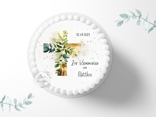 Tortenaufleger zur Kommunion mit Wunschname & Datum personalisierbar, ⌀20cm Zuckerbild, Deko für Kuchen, Foto für Torten, Fondant 0007KM Tortenaufleger zur Kommunion mit Wunschname & Datum personalisierbar, ⌀20cm Zuckerbild, Deko für Kuchen, Foto für Torten, Fondant 0007KM von Laserstuebchen