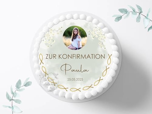 Tortenaufleger zur Konfirmation mit Wunschbild, Name & Datum personalisierbar, ⌀20cm Zuckerbild, Deko für Kuchen, Foto für Torten, Fondant 0014KF von Laserstuebchen