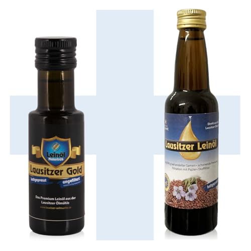 Lausitzer Gold (105ml) + Lausitzer Leinöl (100ml) - Probierset (kaltgepresst ungefiltert Omega 3 Öl kaltgepreßtes Premium Leinöl) von Lausitzer Ölmühle