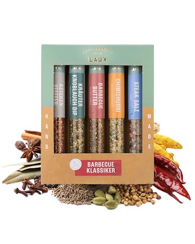 Laux Grill Gewürze Geschenkbox - 5 Premium BBQ Grill-Gewürze - Hochwertiges Salat & Grill Zubehör - Ausgefallene Geschenke für Männer & Frauen von Laux