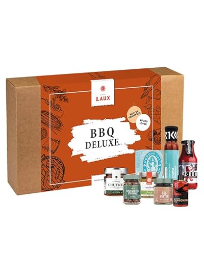 LAUX BBQ Deluxe Set | Geschenkbox mit 8 Gourmet BBQ-Spezialitäten | Grill Zubehör Aus Hochwertigen Zutaten | Geschenkidee zu Muttertag & Vatertag von Laux