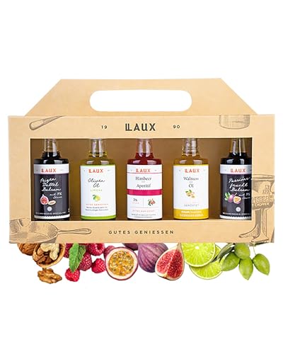 LAUX Essig Öl Geschenkbox - 5 Sorten im Set: Olivenöl, Walnussöl, Balsam & Aperitif - Für Salate Oder Herzhafte Gerichte - Geschenk zu Ostern - Grill Geschenkset für Sie & Ihn (5 x 40ml) von Laux