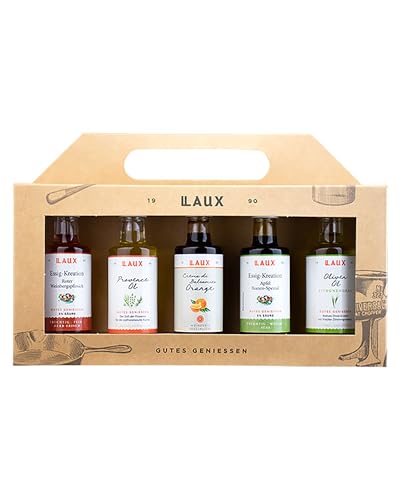 LAUX Essig Öl Geschenkbox – 5er Set mit Provence-Öl, Olivenöl, Essig & Crema di Balsamico – Feinkost Geschenk zu Muttertag & Vatertag – Für Salate & Herzhaftes – Geschenkset für Sie & Ihn (5x40ml) von Laux