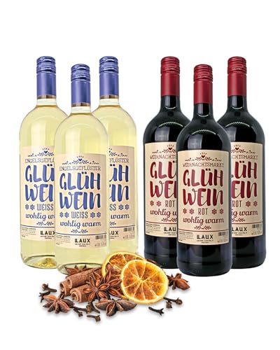 LAUX Glühwein Set Rot & Weiß - Weihnachtlich Aromatischer Glühwein - Fruchtig-Würzig mit Hochwertigen Zutaten - Weihnachtsgeschenke (10% Vol.) (6 x 1L) von Laux