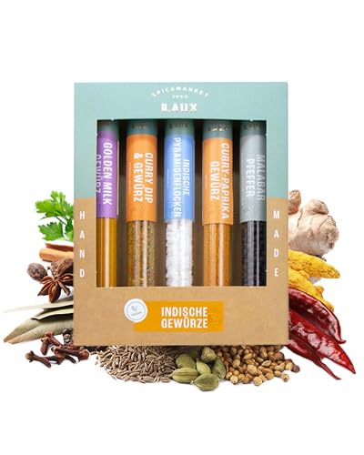 Laux Indische Gewürze Geschenkbox - 5 Erlesene Gewürze aus Indien - Hochwertiges Salat & Grill Zubehör - Ausgefallene Geschenke für Männer & Frauen von Laux