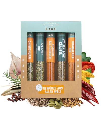 Laux Gewürze Aus Aller Welt Geschenkbox - 5 Seltene Premium Gewürze - Hochwertiges Salat & Grill Zubehör - Ausgefallene Geschenke für Männer & Frauen Laux Gewürze Aus Aller Welt Geschenkbox - 5 Seltene Premium Gewürze - Hochwertiges Salat & Grill Zubehör - Ausgefallene Geschenke für Männer & Frauen von Laux