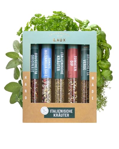 Laux Italienische Kräuter Geschenkbox - 5 Erlese Gewürze Set - Hochwertiges Pasta, Pizza & Grill Zubehör - Ausgefallene Geschenke für Männer & Frauen von Laux