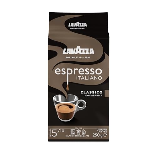 Lavazza, Espresso Italiano Classico, Gemahlener Kaffee, mit Blumigen und Fruchtigen Aromanoten, Ideal für Mokka-Kannen oder Filterkaffee, 100% Arabica, Intensität 5, Mittlere Röstung, 250 g Packung Lavazza, Espresso Italiano Classico, Gemahlener Kaffee, mit Blumigen und Fruchtigen Aromanoten, Ideal für Mokka-Kannen oder Filterkaffee, 100% Arabica, Intensität 5, Mittlere Röstung, 250 g Packung von Lavazza