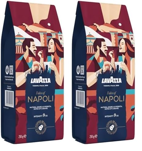 Lavazza, Tales of Napoli, Kaffeebohnen, Ideal für Espresso-Kaffeemaschinen, mit Aroma Noten von Kakao und Karamell, Arabica und Robusta, Intensität 9/10, Dunkel Röstgrad, 250 g (Packung mit 2) von Lavazza