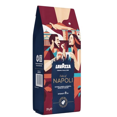 Lavazza, Tales of Napoli, Kaffeebohnen, Ideal für Espresso-Kaffeemaschinen, mit Aroma Noten von Kakao und Karamell, Arabica und Robusta, Intensität 9/10, Dunkel Röstgrad, 250 g Lavazza, Tales of Napoli, Kaffeebohnen, Ideal für Espresso-Kaffeemaschinen, mit Aroma Noten von Kakao und Karamell, Arabica und Robusta, Intensität 9/10, Dunkel Röstgrad, 250 g von Lavazza