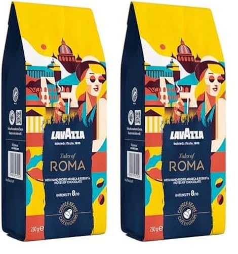 Lavazza, Tales of Roma, Kaffeebohnen, Ideal für Espresso-Kaffeemaschinen, mit Aroma Noten von Haselnuss & Dunkler Schokolade, Arabica und Robusta, Intensität 8/10, Mittel Röstgrad, 250 g Lavazza, Tales of Roma, Kaffeebohnen, Ideal für Espresso-Kaffeemaschinen, mit Aroma Noten von Haselnuss & Dunkler Schokolade, Arabica und Robusta, Intensität 8/10, Mittel Röstgrad, 250 g von Lavazza