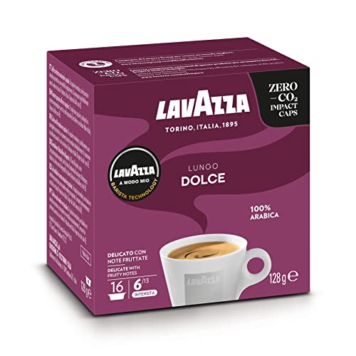Lavazza, A Modo Mio Lungo Dolce, 1 Packung mit 16 Kaffeekapseln mit Aromanoten von Getrockneten Früchten, 100 % Arabica, Intensität 6/13, Mittlere Röstung von Lavazza