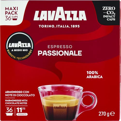 Lavazza A Modo Mio Espresso Passionale, Kaffeekapseln, 100% Arabica, Intensität 11/13, dunkle Röstung, perfekt für einen 40-ml-Espresso, kompostierbar, 36 Espresso-Pads. (Verpackung kann variieren) von Lavazza