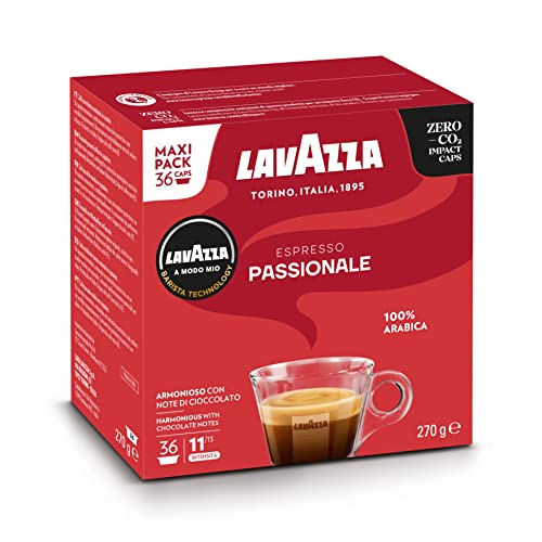 Lavazza A Modo Mio Espresso Passionale, Kaffeekapseln, 100% Arabica, Intensität 11/13, dunkle Röstung, perfekt für einen 40-ml-Espresso, kompostierbar, 36 Espresso-Pads. (Verpackung kann variieren) von Lavazza