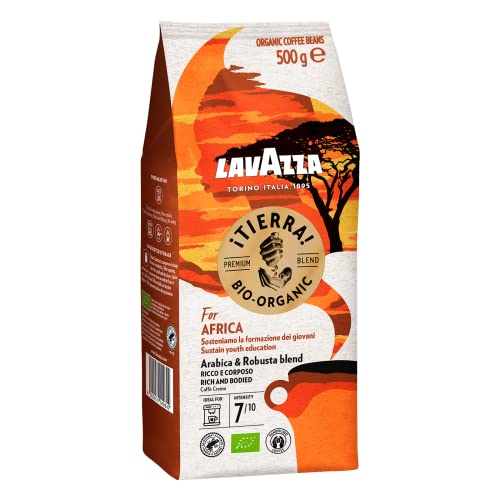 Lavazza, Tierra For Africa, Kaffeebohnen, Ideal für Espresso-Maschinen, Aromanoten von Schokolade & Getrockneten Früchten, Bio-Arabica & Robusta, Intensität 7/10, Mittlere Röstung, 500 g Packung von Lavazza