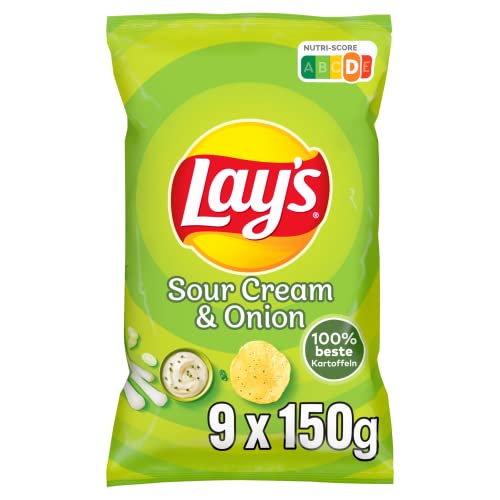 Lay's Sour Cream & Onion – Knusprig gewürzte Kartoffelchips für eine gelungene Party (9 x 150 g) (Verpackungsdesign kann abweichen) von Lay's
