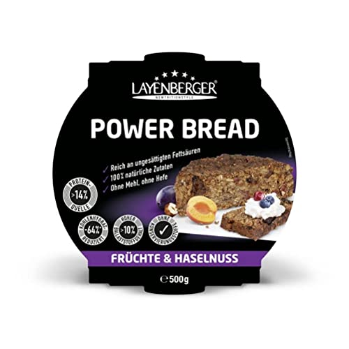 Layenberger Power Bread Früchte & Haselnuss, Eiweiß- und Ballaststoffquelle, ohne Konservierungsmittel, ohne Hefe, ohne Mehl, mit 14g Protein pro 100g, (1 x 500g) von Layenberger