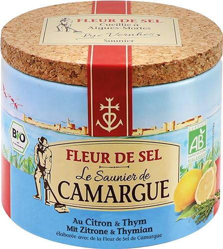 Le Saunier de Camargue Fleur De-Sel Zitrone Thymian in 125 g Dose, Premium Meersalz aus Süd-Frankreich, Ideal als Finishing von Speisen und zum Verfeinern von Gerichten Le Saunier de Camargue Fleur De-Sel Zitrone Thymian in 125 g Dose, Premium Meersalz aus Süd-Frankreich, Ideal als Finishing von Speisen und zum Verfeinern von Gerichten von Le Saunier De Camargue