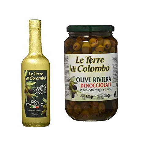 Le Terre di Colombo – 100 Prozent Italienisches Natives Olivenöl Extra - Goldumhüllte Flasche - 0,75 l + Entsteinte Riviera - Oliven im Nativen Olivenöl Extra (36 Prozent) - 500 g von Le Terre di Colombo