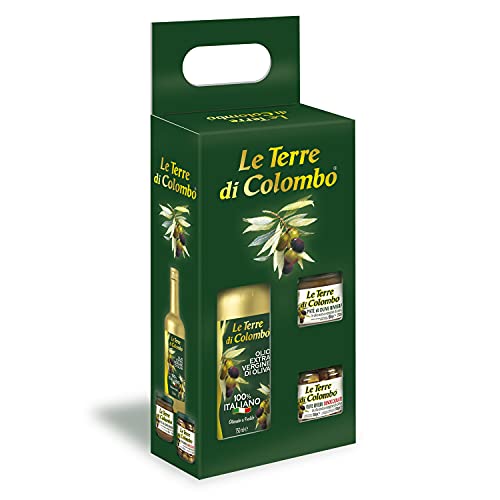 Le Terre di Colombo – Geschenkset mit 100 % italienischem Nativem Olivenöl extra (750 ml), Riviera-Olivenpaste (212 ml) und entsteinten Riviera-Oliven in Nativem Olivenöl extra (212 ml) von Le Terre di Colombo