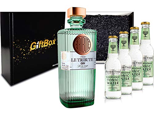 Gin Tonic Giftbox Geschenkset - Le Tribute Gin 0,7l (43% Vol) + 4x Fever Tree Elderflower Water 200ml inkl. Pfand MEHRWEG - [Enthält Sulfite] von Le Tribute-Le Tribute