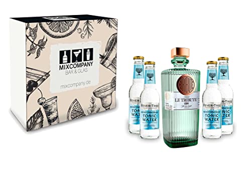 Gin Tonic Giftbox Geschenkset - Le Tribute Gin 0,7l (43% Vol) + 4x Fever Tree Mediterranean Tonic Water 200ml inkl. Pfand MEHRWEG - [Enthält Sulfite] von Le Tribute-Le Tribute