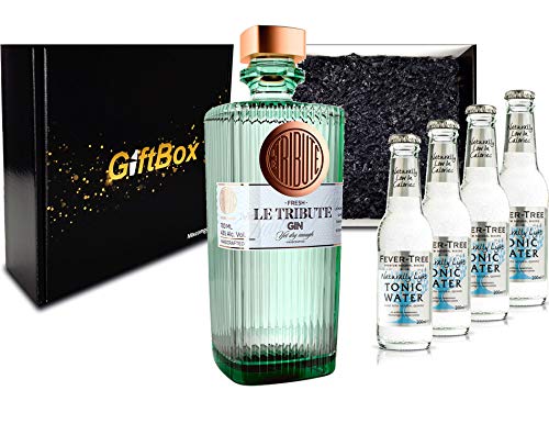 Gin Tonic Giftbox Geschenkset - Le Tribute Gin 0,7l (43% Vol) + 4x Fever Tree Naturally Light Tonic Water 200ml inkl. Pfand MEHRWEG - [Enthält Sulfite] von Le Tribute-Le Tribute