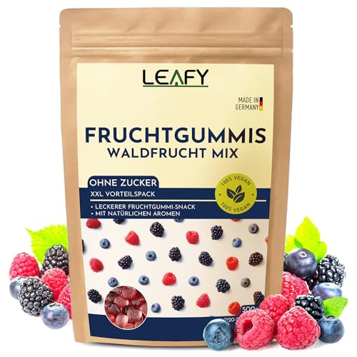 Fruchtgummis/Gummibärchen Ohne Zucker | zuckerfreie süssigkeiten 100% Vegan- XXL Vorteilspack 500 g (230-270 Stk) | Leckerer Waldfrucht Mix natürlichen Aromen von Leafy