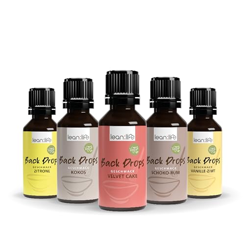 Lean:Life - Back Drops – 5 Sorten - Aroma Tropfen für Lebensmittel zum Backen – mit MCT Öl ohne Süßstoff – Vanille Zimt, Schoko Rum, Zitrone, Kokos, Velvet Cake Lean:Life - Back Drops – 5 Sorten - Aroma Tropfen für Lebensmittel zum Backen – mit MCT Öl ohne Süßstoff – Vanille Zimt, Schoko Rum, Zitrone, Kokos, Velvet Cake von Lean:Life