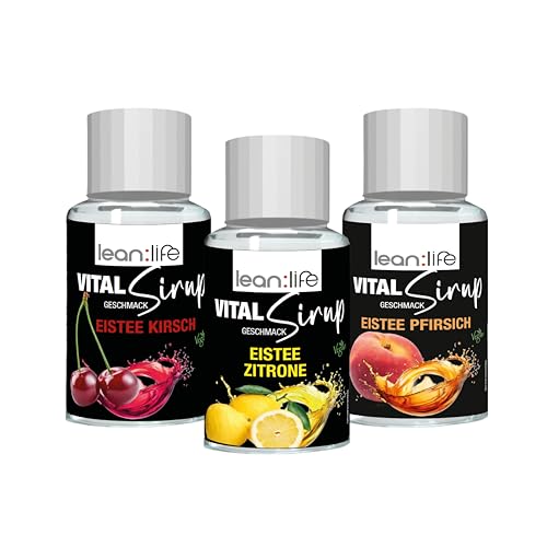 Lean:Life – Vital Sirup 100 ml - Eistee Mix Sirup - Eistee Pfirsich, Eistee Zitrone & Eistee Kirsch - Getränkesirup zuckerfrei – mit Vitamin B12, B6, C, L Carnitin und Biotin Lean:Life – Vital Sirup 100 ml - Eistee Mix Sirup - Eistee Pfirsich, Eistee Zitrone & Eistee Kirsch - Getränkesirup zuckerfrei – mit Vitamin B12, B6, C, L Carnitin und Biotin von Lean:Life