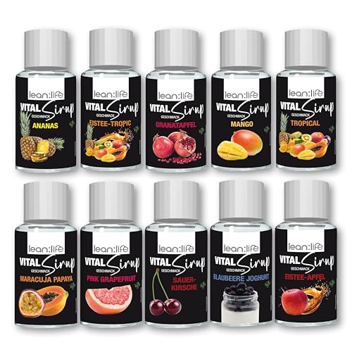 Lean:Life – Vital Sirup Mix - 100 ml Fläschchen - 10 verschiedene Sorten - Getränkesirup zuckerfrei – mit Vitamin B12, B6, C, L Carnitin und Biotin Lean:Life – Vital Sirup Mix - 100 ml Fläschchen - 10 verschiedene Sorten - Getränkesirup zuckerfrei – mit Vitamin B12, B6, C, L Carnitin und Biotin von Lean:Life