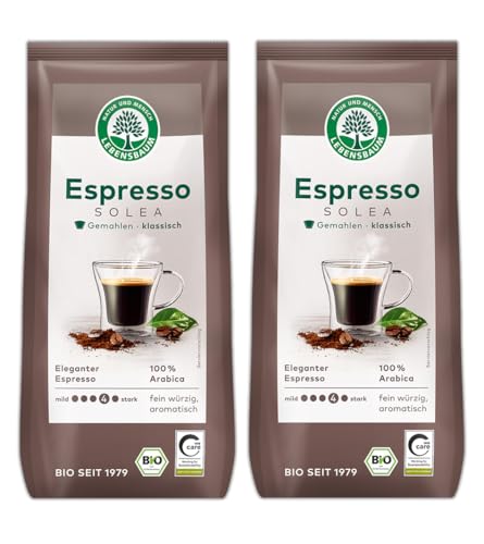 LEBENSBAUM 2 x Bio Espresso Solea gemahlen, Bio Kaffee aus Arabica-Bohnen gemahlen, Intesität 4/5, feinwürzig aromatisch, 2 x 250 g von Lebensbaum