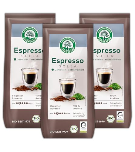 LEBENSBAUM 3 x Bio Espresso Solea entkoffeiniert, Bio Kaffee aus Arabica-Bohnen entkoffiniert gemahlen, Intesität 2/5, sanft aromatisch, 3 x 250 g von Lebensbaum