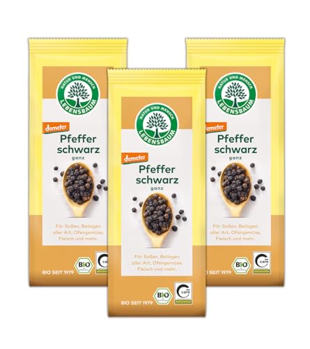 LEBENSBAUM Bio Gewürze 3 x Schwarzer Pfeffer, fruchtig scharfer Genuss, Bio Pfeffer für Sossen, Beilagen aller Art, Ofengemüse & Fleisch, ganz, Gewürzset 3 x 50 g von Lebensbaum