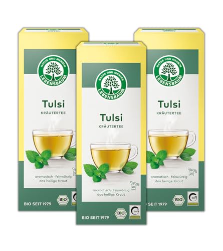 LEBENSBAUM 3 x Tulsi Bio Kräutertee, Bio Tee Set aus indischen Basilikum, 3er Set, Königsbasilikum-Tee zur Entspannung, 100% getrocknetes Tulsi-Kraut, 3 x 30 g, 3 x 20 Teebeutel von Lebensbaum