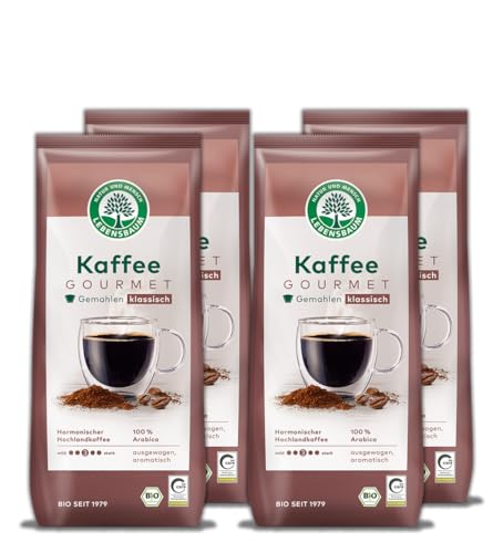 LEBENSBAUM 4 x Bio Kaffee Gourmet Klassisch, gemahlen, Bio Kaffee aus Arabica-Bohnen gemahlen, Intensität 3/5, ausgewogener, aromatischer Genuss, 4 x 500 g LEBENSBAUM 4 x Bio Kaffee Gourmet Klassisch, gemahlen, Bio Kaffee aus Arabica-Bohnen gemahlen, Intensität 3/5, ausgewogener, aromatischer Genuss, 4 x 500 g von Lebensbaum