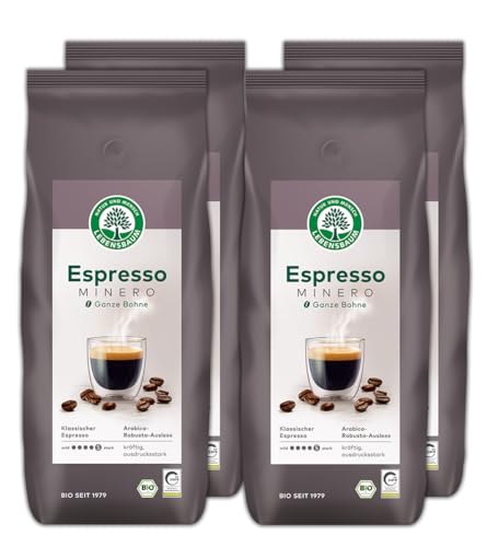 LEBENSBAUM 4 x Bio Espresso Minero ganze Bohne, Bio Röstkaffe aus 100% Arabica-Bohnen, kräftig intensiver Geschmack, satte Crema, 4 x 1 kg LEBENSBAUM 4 x Bio Espresso Minero ganze Bohne, Bio Röstkaffe aus 100% Arabica-Bohnen, kräftig intensiver Geschmack, satte Crema, 4 x 1 kg von Lebensbaum