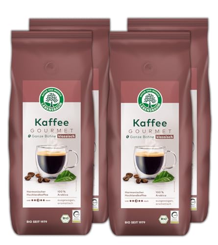 LEBENSBAUM 4 x Bio Kaffee Gourmet Klassich, ganze Bohne, Bio Kaffee aus Arabica-Bohnen ganz, Intensität 3/5, ausgewogener, aromatischer Genuss, 4 x 1 kg LEBENSBAUM 4 x Bio Kaffee Gourmet Klassich, ganze Bohne, Bio Kaffee aus Arabica-Bohnen ganz, Intensität 3/5, ausgewogener, aromatischer Genuss, 4 x 1 kg von Lebensbaum