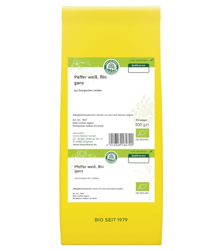LEBENSBAUM Bio Gewürze Pfeffer weiß ganz, weißer Pfeffer ganz, aromatisch milde Pfefferkörner, Gewürz 500 g von Lebensbaum