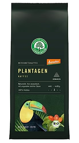 Lebensbaum Plantagen Kaffee, sortenreiner Arabica-Röstkaffee, naturmild & fein aromatisch, Demeter-Arabica mit angenehm leichter Säure, gemahlen, 250 g von Lebensbaum