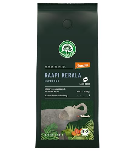LEBENSBAUM Bio Espresso Bohnen Indien Kaapi Kerala, ganze Espressobohnen, Arabica-Robusta-Mischung, Intensität 5/5, kräftig-intensiver Genuss, 250 g von Lebensbaum
