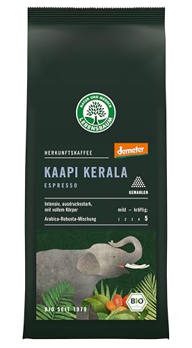 LEBENSBAUM gemahlener Bio Espresso Indien Kaapi Kerala, Bio Espresso gemahlen, Arabica-Robusta-Mischung, Intensität 5/5, intensiv-aromatischer Kaffeegenuss, 250 g von Lebensbaum