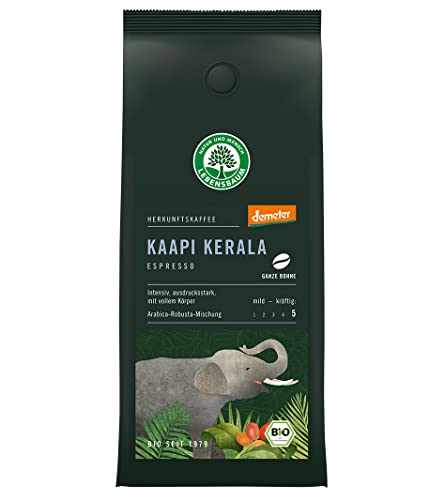 LEBENSBAUM Bio Espresso Bohnen Kaapi Kerala, ganze Espressobohnen, Arabica-Robusta-Mischung, Intensität 5/5, kräftig-intensiver Genuss, 250 g von Lebensbaum